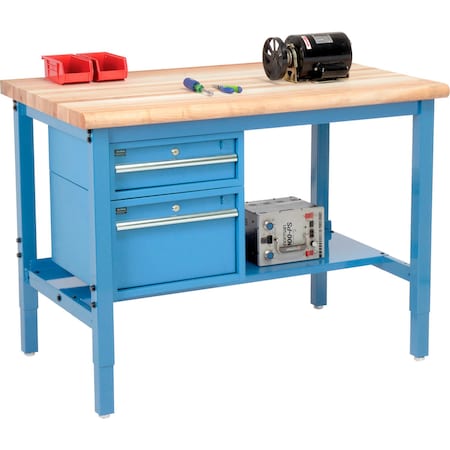 Global Industrial 48inW x 30inD Production Workbench, Maple Safety with Drawers & Shelf, Blue 319278BL